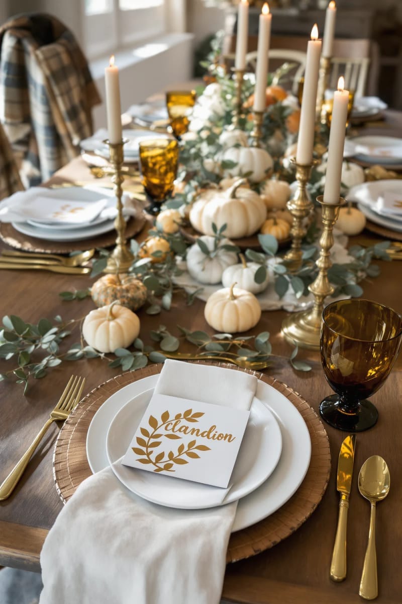 gold spray-painted leaves as place cards for each thanksgiving guest 1