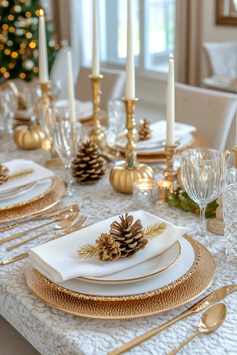 gold spray-painted pinecones as table scatter 1