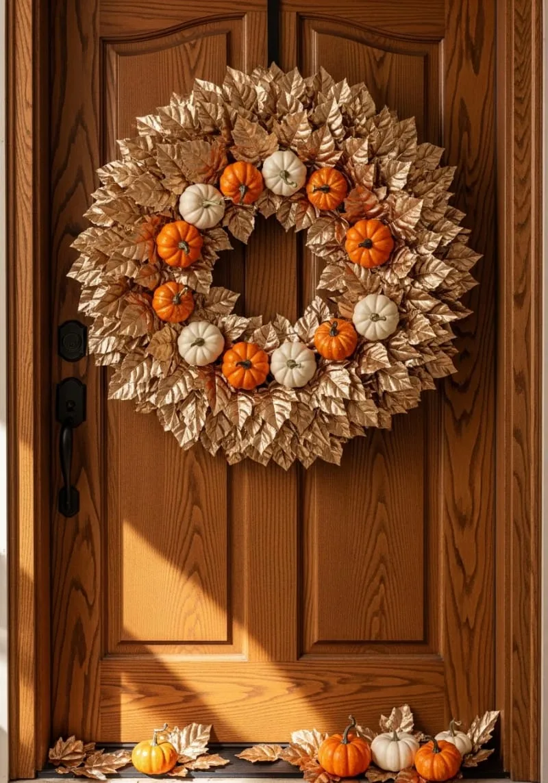 golden leaf wreath layered with mini pumpkins for your front door 1