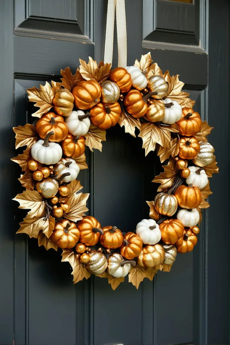 golden leaf wreath layered with mini pumpkins for your front door 1