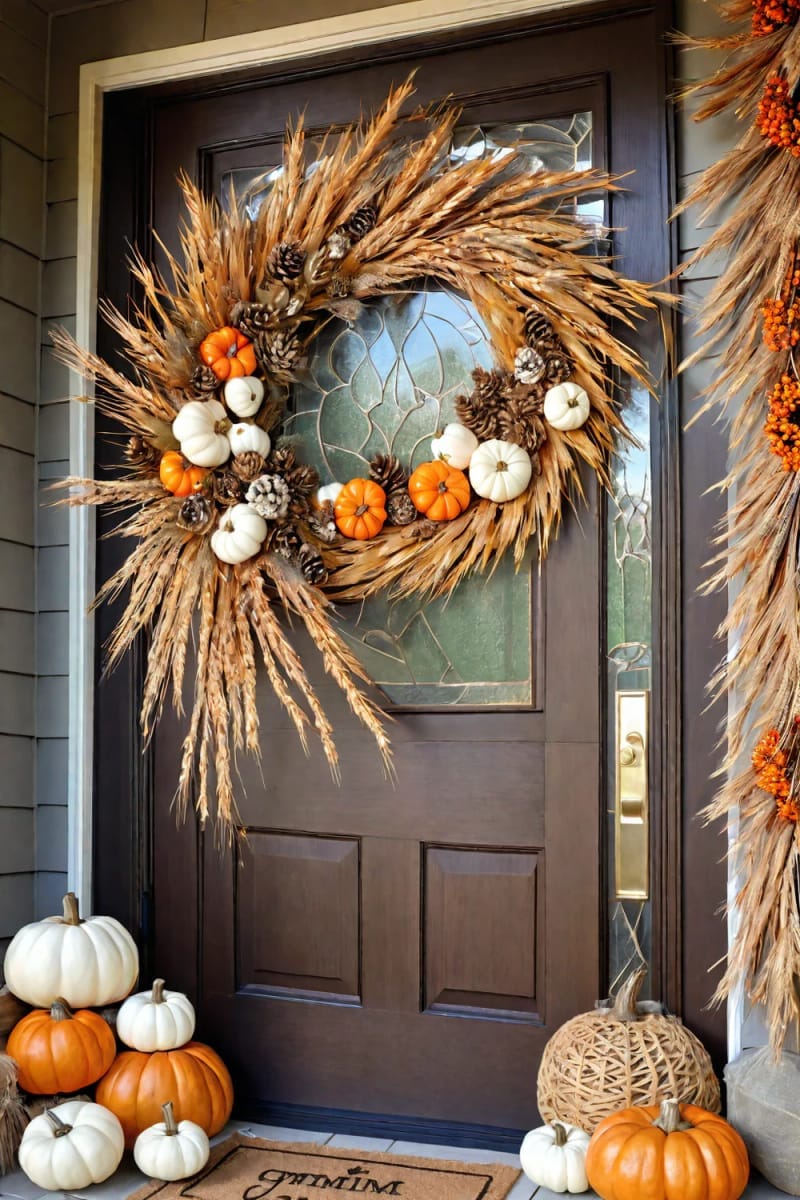 golden leaf wreath layered with mini pumpkins for your front door 1