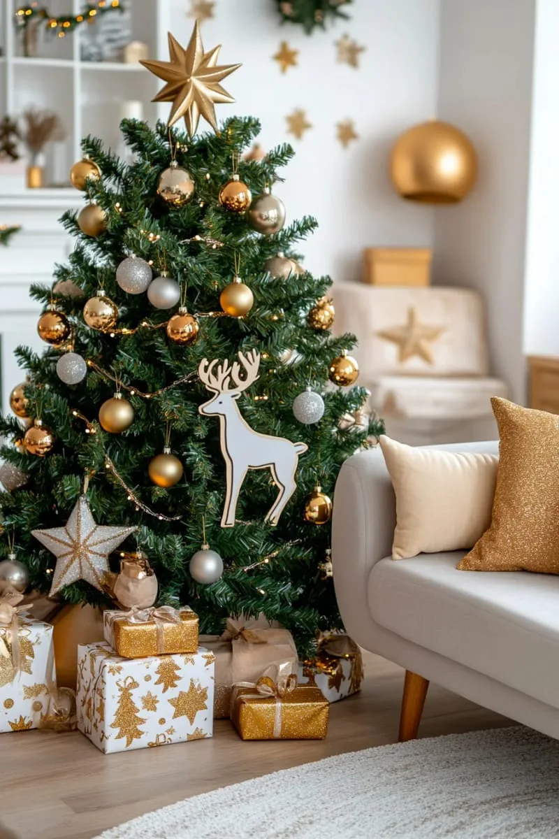 31 Dreamy Christmas Tree Decorations for a Unique Festive Touch 76 golden reindeer and glittering stars for classic festive glamour 1