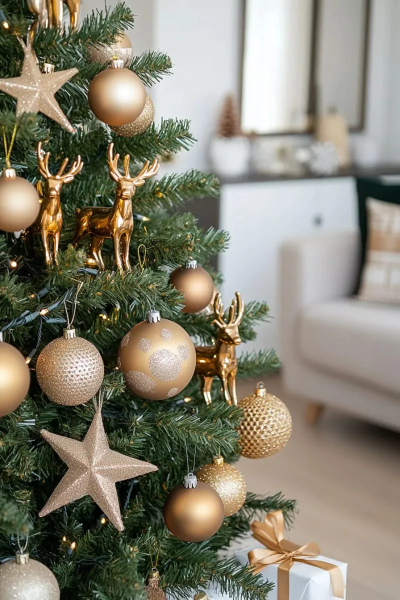 31 Dreamy Christmas Tree Decorations for a Unique Festive Touch 77 golden reindeer and glittering stars for classic festive glamour 1