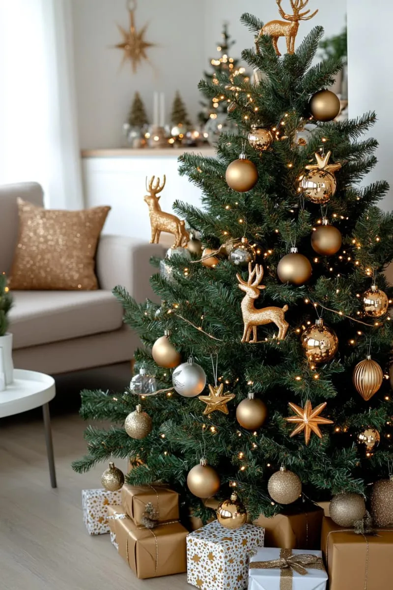 31 Dreamy Christmas Tree Decorations for a Unique Festive Touch 78 golden reindeer and glittering stars for classic festive glamour 1