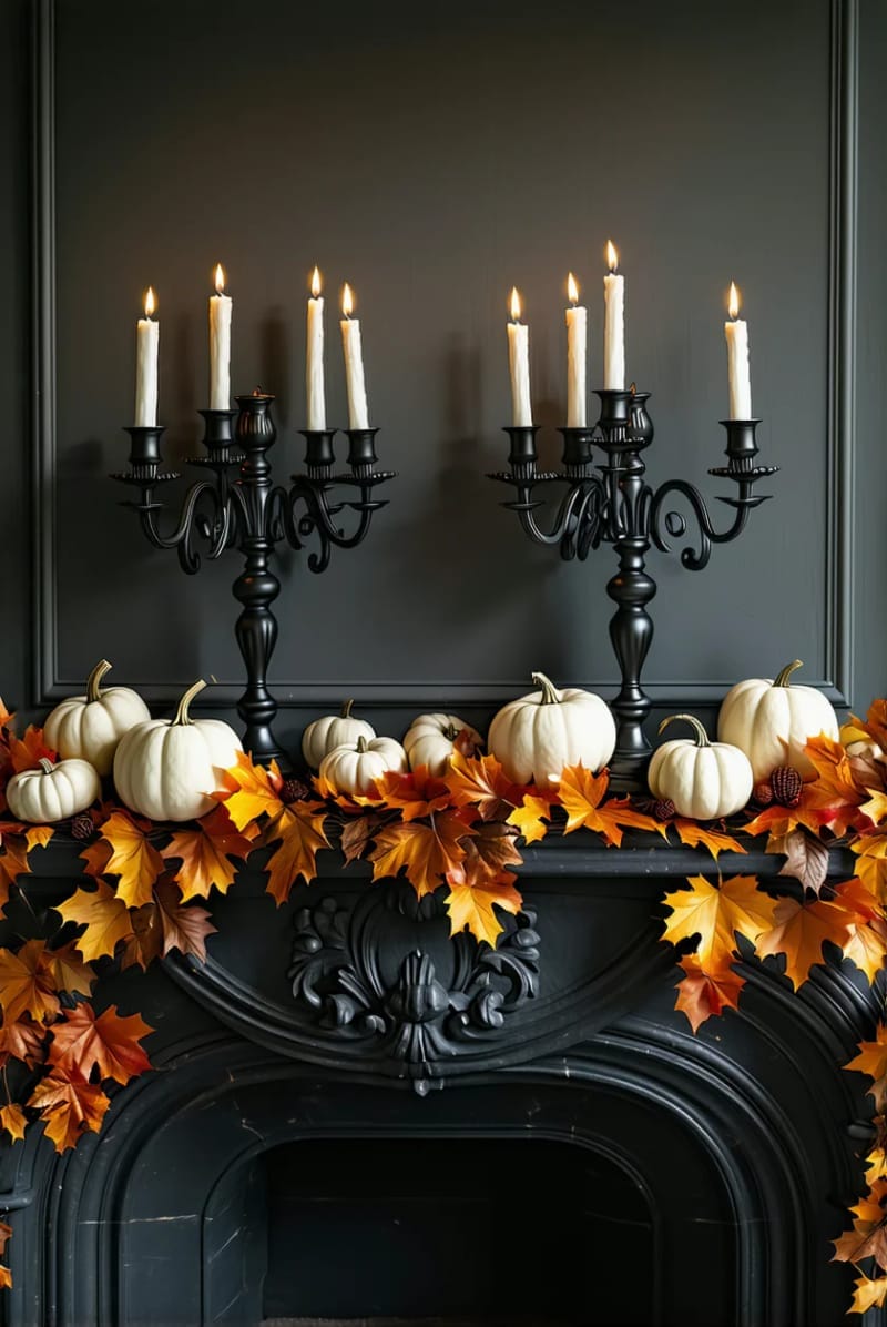 gothic candelabras flanking a garland of orange leaves and tiny white pumpkins 1