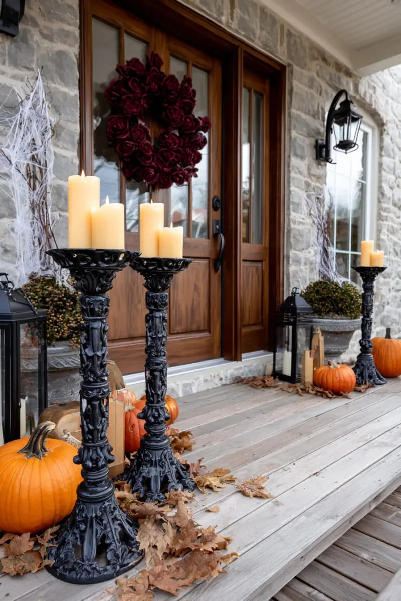 21 Halloween Porch Decorations: Ideas For A Unique Festive Entryway 21 gothic candelabras with flickering flameless candles 1