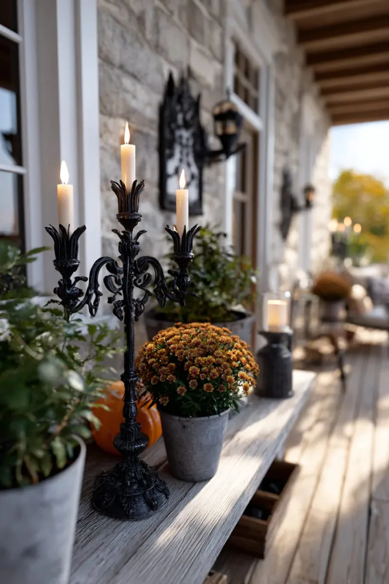 21 Halloween Porch Decorations: Ideas For A Unique Festive Entryway 24 gothic candelabras with flickering flameless candles 1