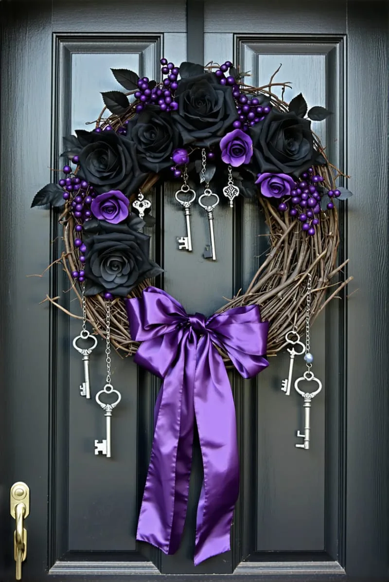 21 Creative Halloween Door Decorations: Ideas for a Festive Welcome 69 gothic wreath with black roses, purple ribbon, and skeleton keys 1