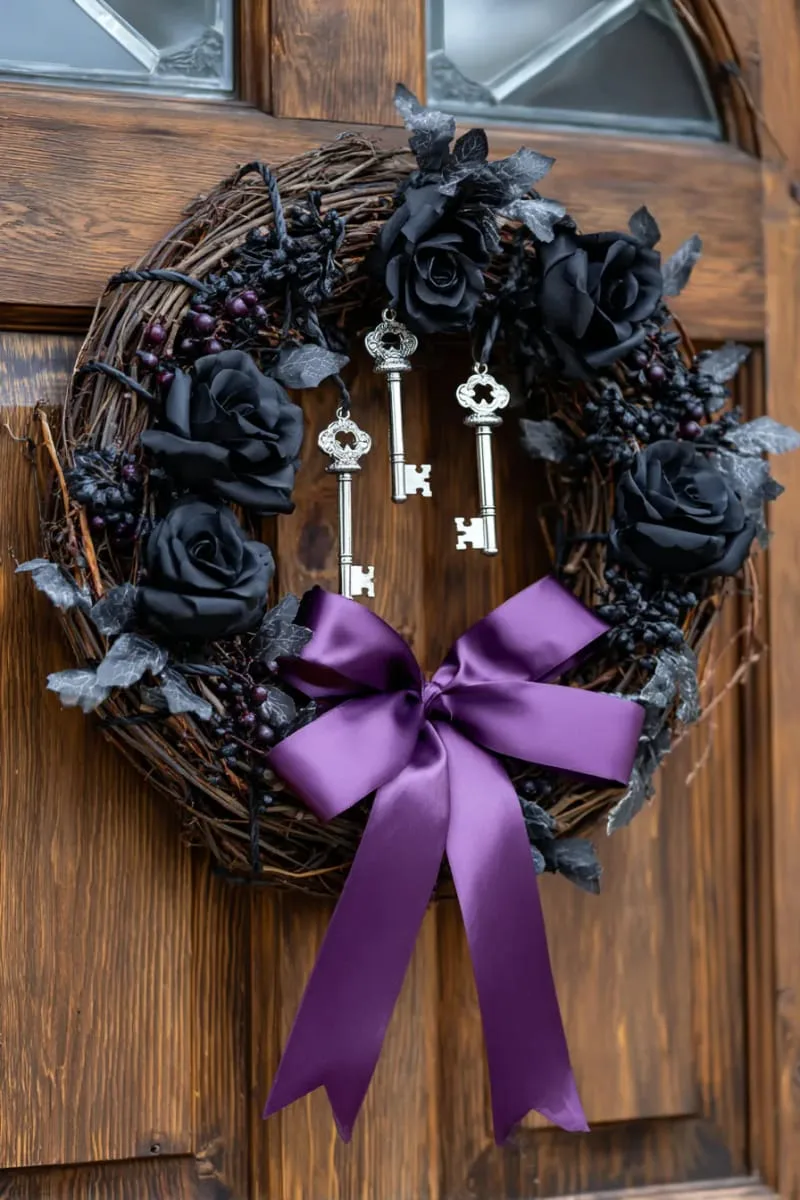 21 Creative Halloween Door Decorations: Ideas for a Festive Welcome 70 gothic wreath with black roses, purple ribbon, and skeleton keys 1