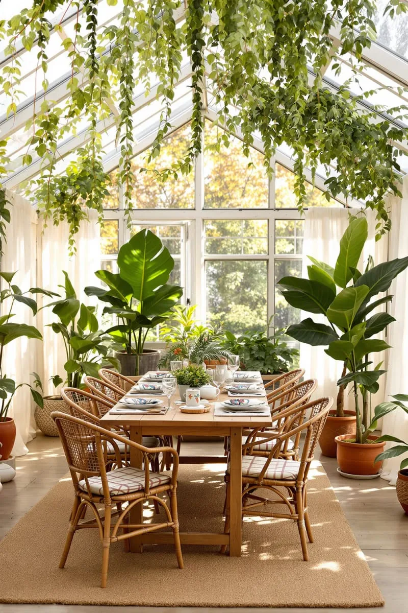 29 Unique Barndominium Interiors For Your Next Makeover 53 greenhouse dining area with glass roof and hanging plants 1