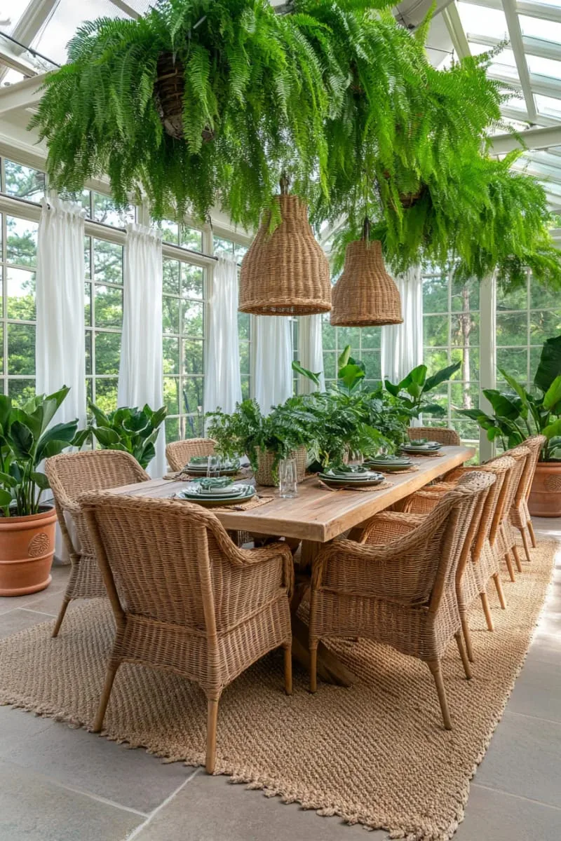 29 Unique Barndominium Interiors For Your Next Makeover 54 greenhouse dining area with glass roof and hanging plants 1