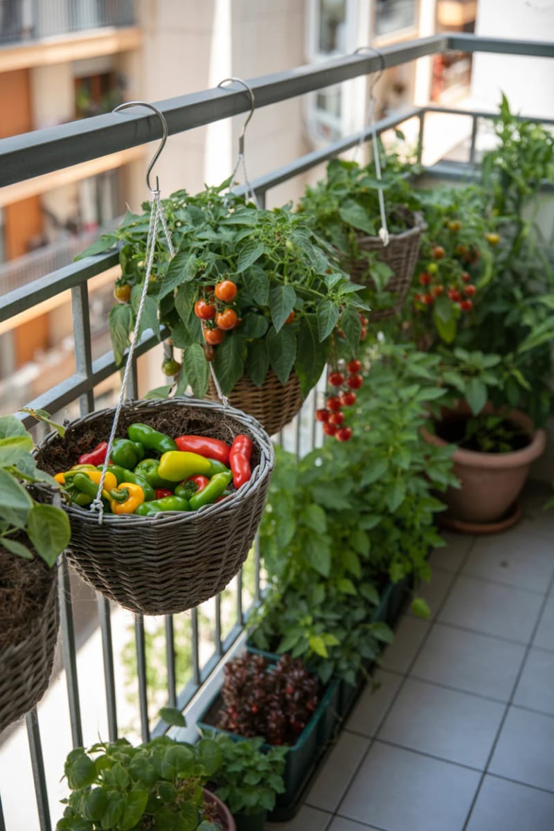 grow cherry tomatoes and peppers in hanging baskets for urban farming flair 1