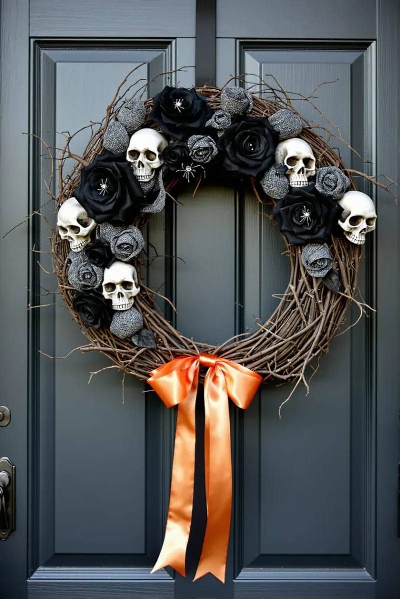 halloween wreath with faux black roses and tiny plastic skulls 1