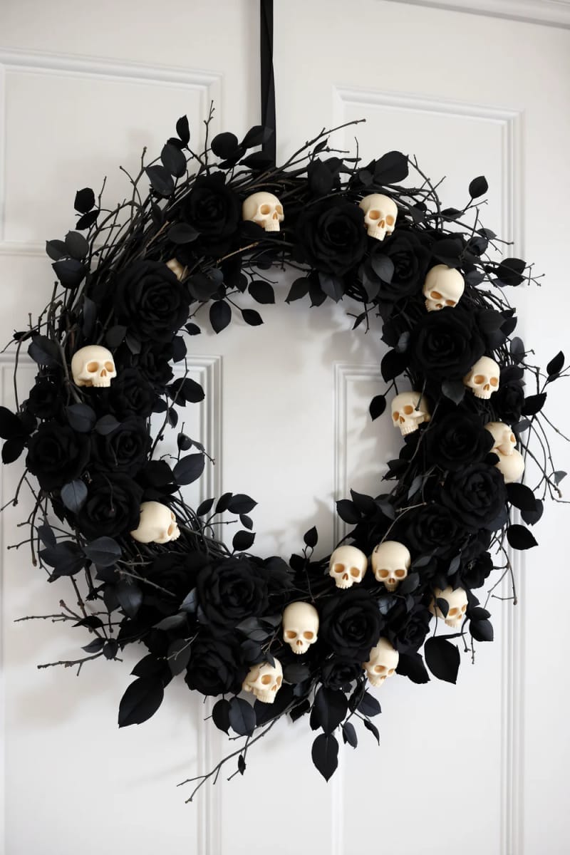 21 Simple Halloween Decorations for an Easy Seasonal Touch 90 halloween wreath with faux black roses and tiny plastic skulls 1