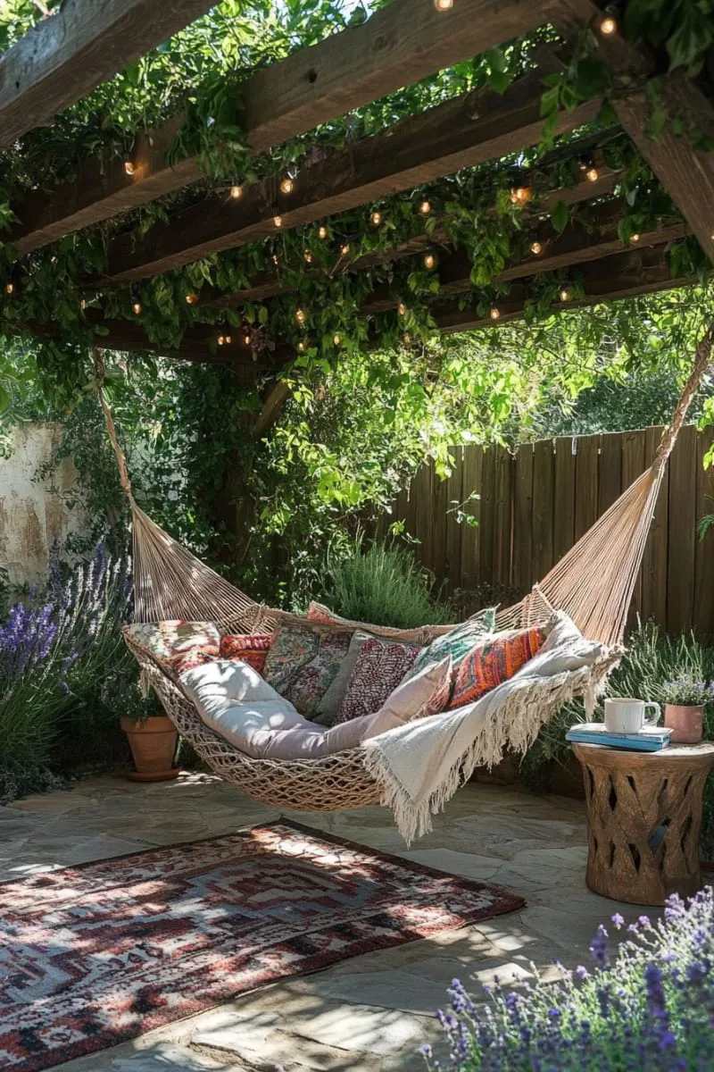 27 New Small Backyard Designs to Copy For Your Outdoor Space 16 hammock retreat beneath a wooden pergola draped in vines 1