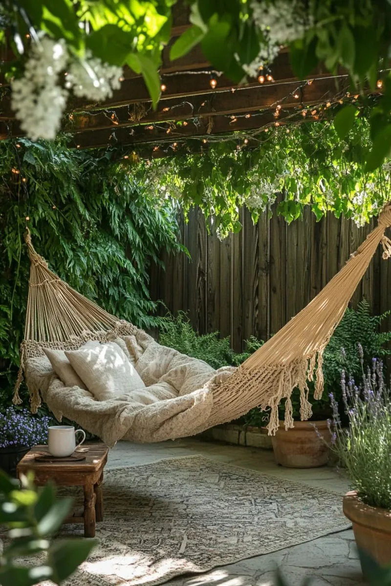27 New Small Backyard Designs to Copy For Your Outdoor Space 17 hammock retreat beneath a wooden pergola draped in vines 1