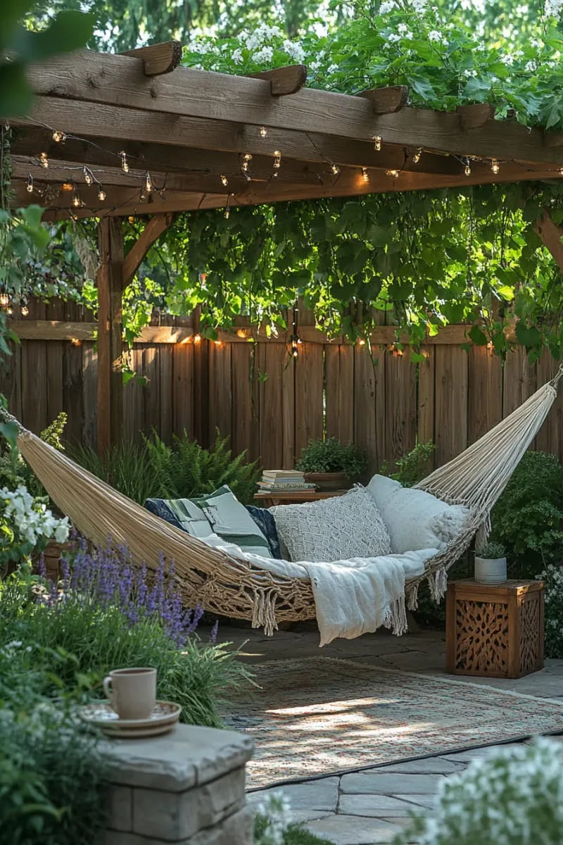 27 New Small Backyard Designs to Copy For Your Outdoor Space 18 hammock retreat beneath a wooden pergola draped in vines 1