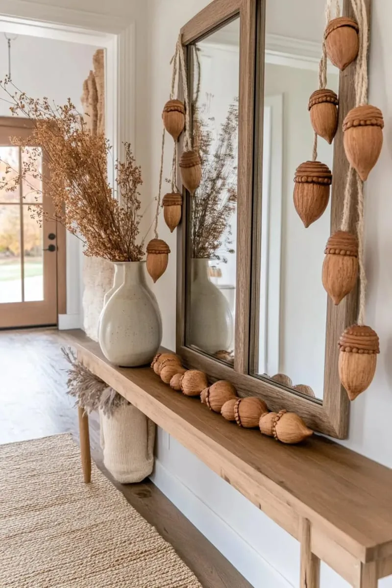hand-painted acorn garland draped across entryway mirrors 1