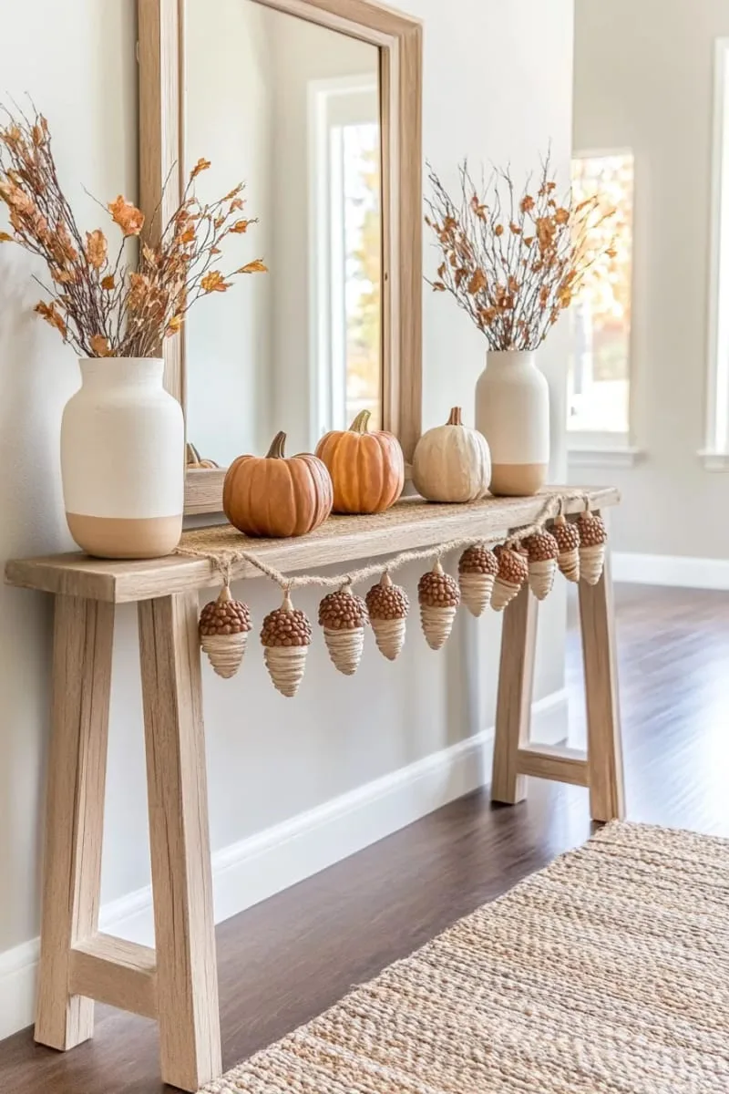 hand-painted acorn garland draped across entryway mirrors 1