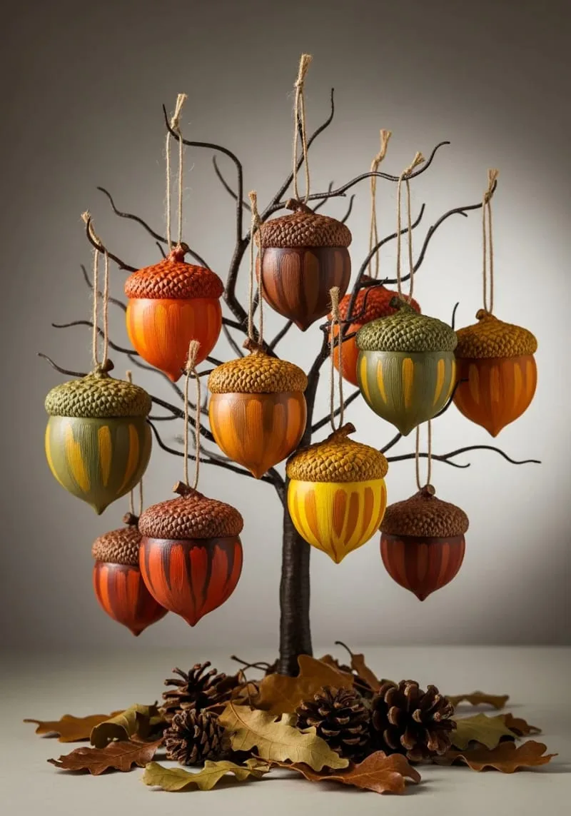 hand-painted acorn ornaments in warm, earthy tones 1