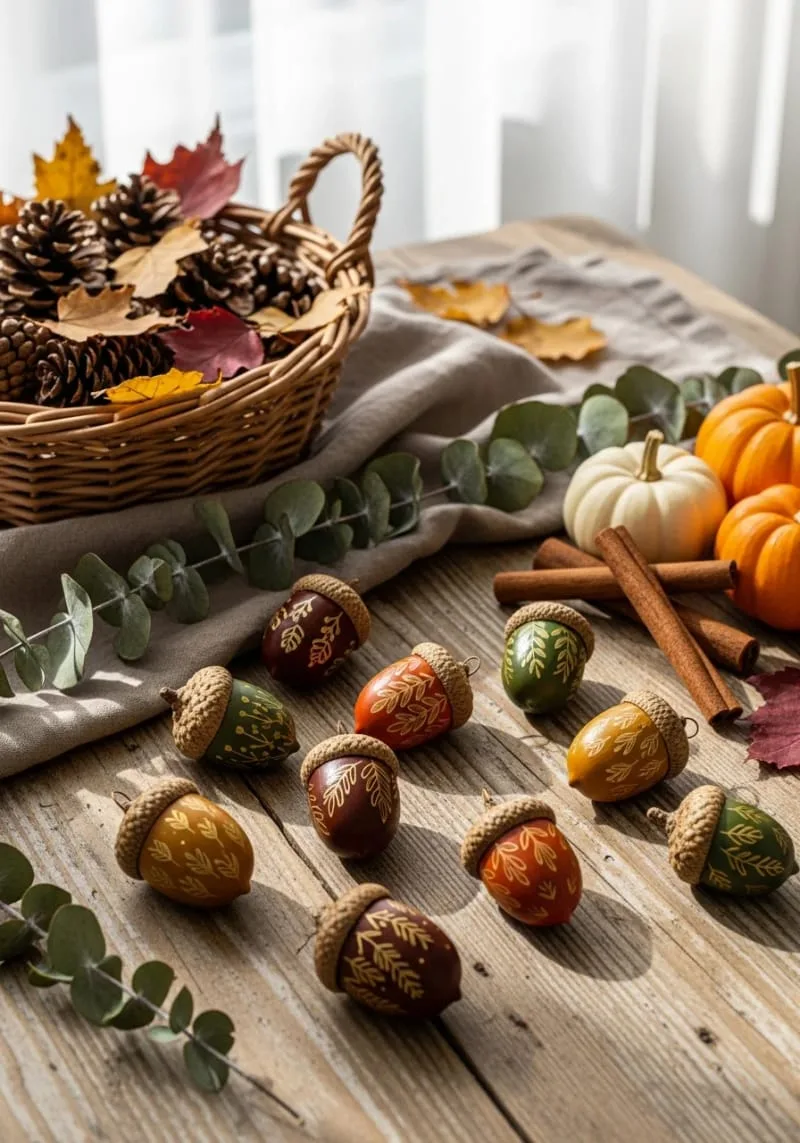 hand-painted acorn ornaments in warm, earthy tones 1