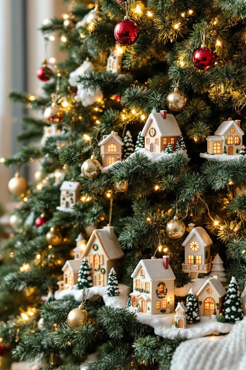 31 Dreamy Christmas Tree Decorations for a Unique Festive Touch 26 hand-painted ceramic houses nestled among branches for a christmas village effect 1