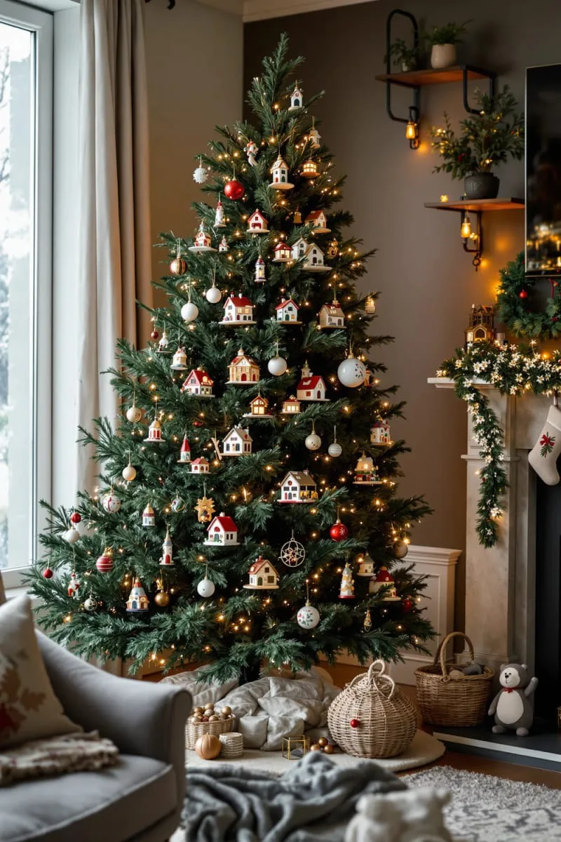 31 Dreamy Christmas Tree Decorations for a Unique Festive Touch 27 hand-painted ceramic houses nestled among branches for a christmas village effect 1