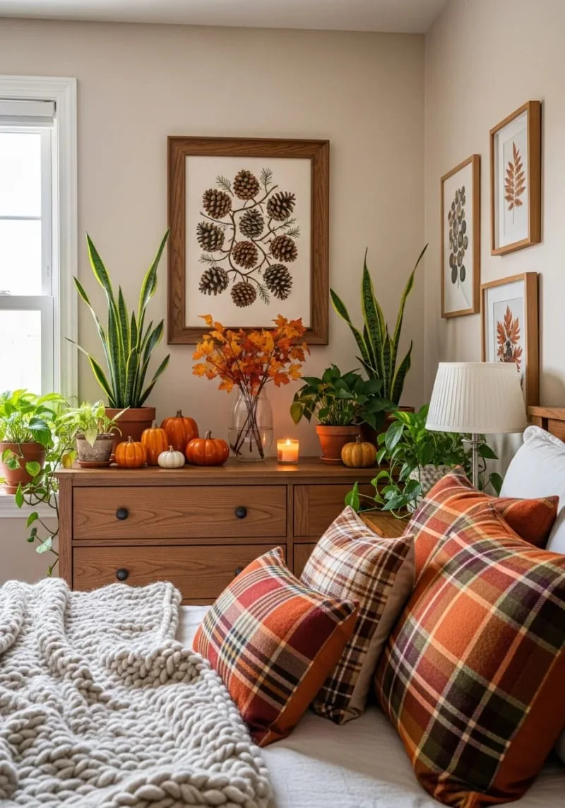 hand-painted pinecone art framed above the dresser 1