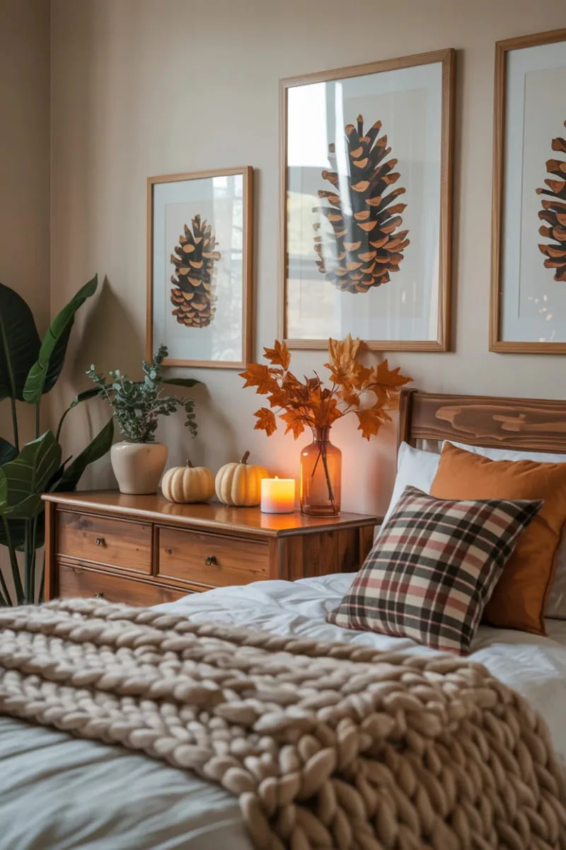 hand-painted pinecone art framed above the dresser 1