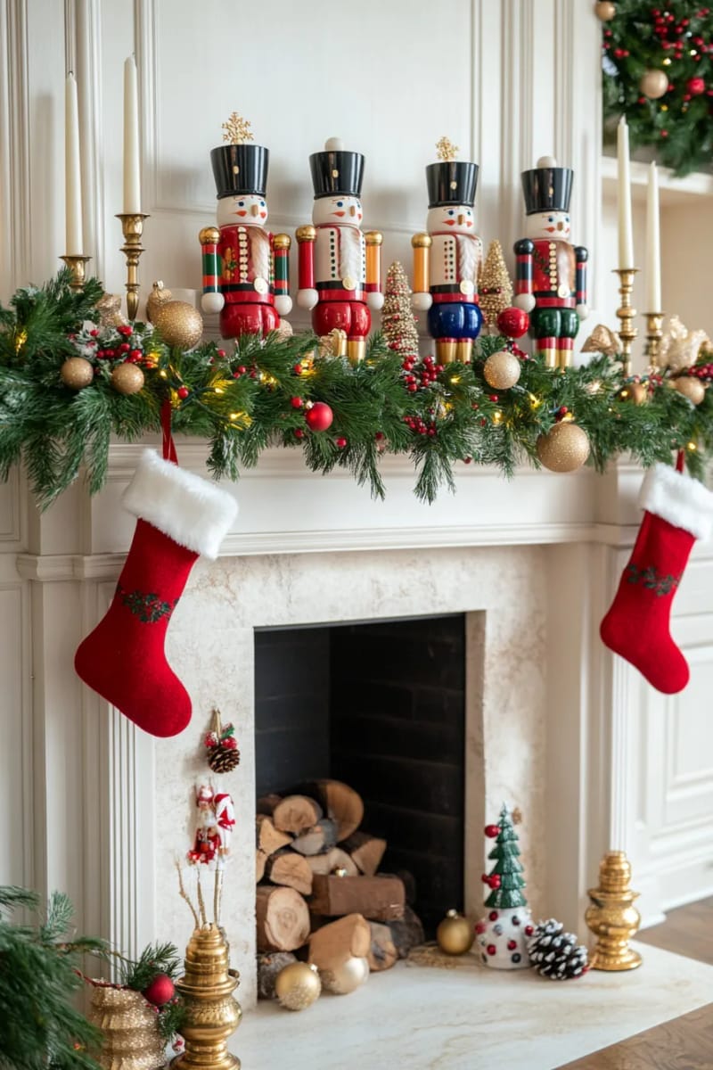 hand-painted wooden nutcrackers as a mantel focal point 1