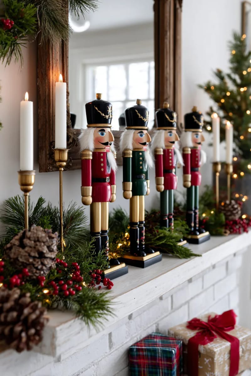 hand-painted wooden nutcrackers as a mantel focal point 1