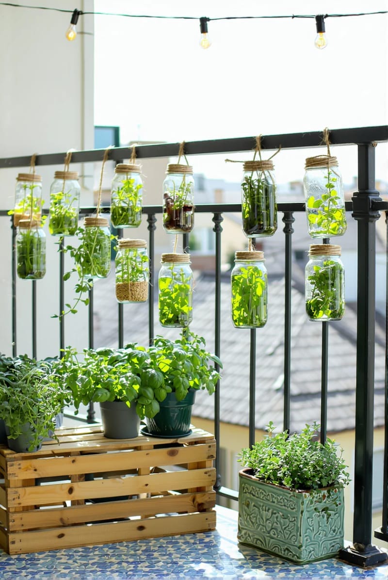 hang a mini herb garden using mason jars along your balcony railing 1