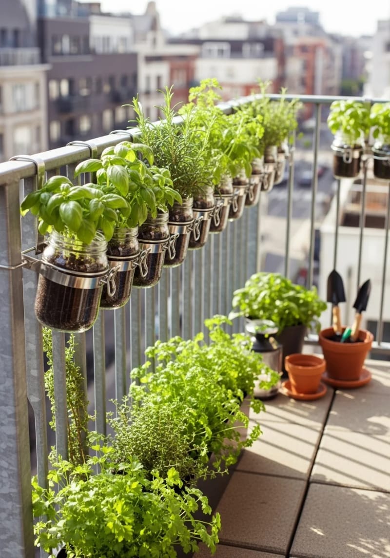 hang a mini herb garden using mason jars along your balcony railing 1