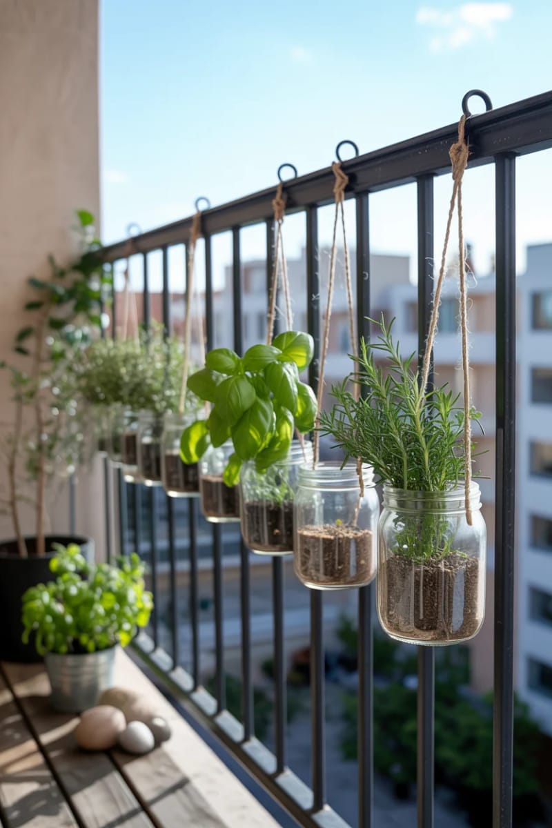 hang a mini herb garden using mason jars along your balcony railing 1