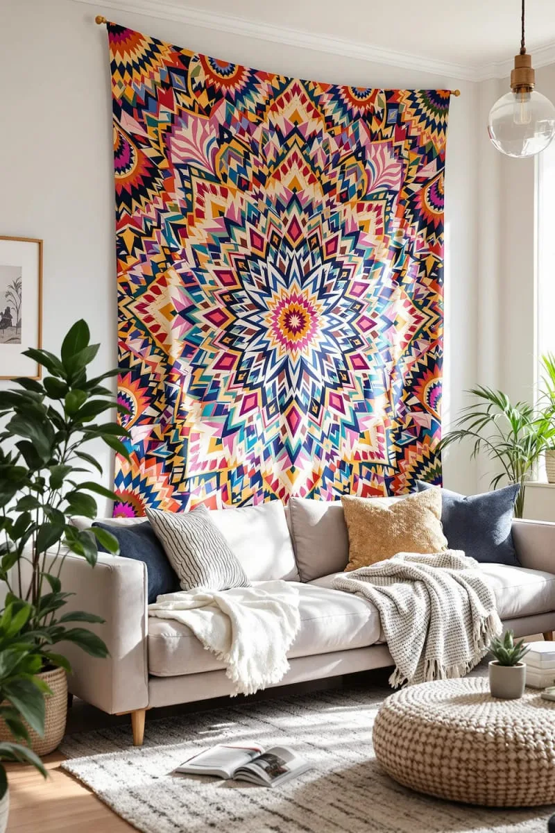 How to Decorate a Small Living Room on a Budget and In Style! 8 hang a tapestry as a statement wall piece 1