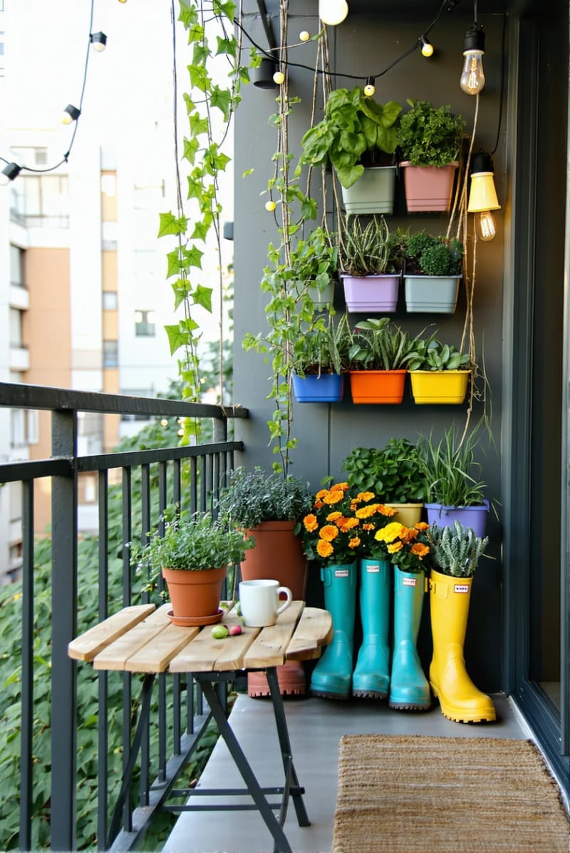 hang recycled rainboots as quirky planters for balcony gardening fun 1