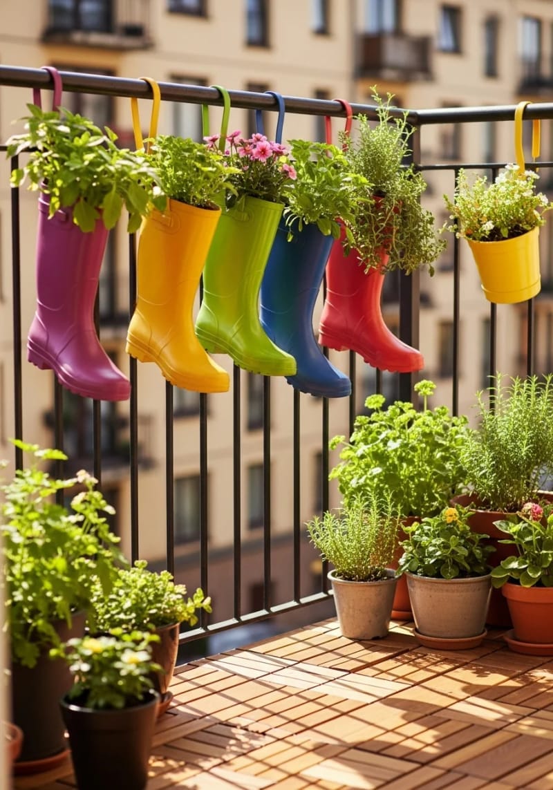 hang recycled rainboots as quirky planters for balcony gardening fun 1