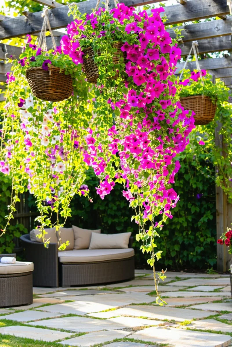 27 Unique Backyard Privacy Designs for A Serene Outdoor Oasis 75 hanging baskets overflowing with trailing blooms as a living curtain 1