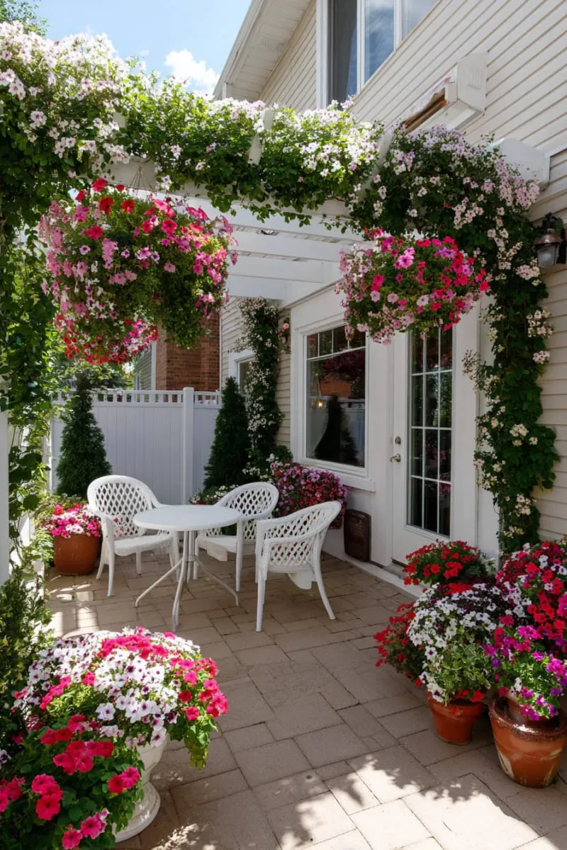27 Unique Backyard Privacy Designs for A Serene Outdoor Oasis 76 hanging baskets overflowing with trailing blooms as a living curtain 1