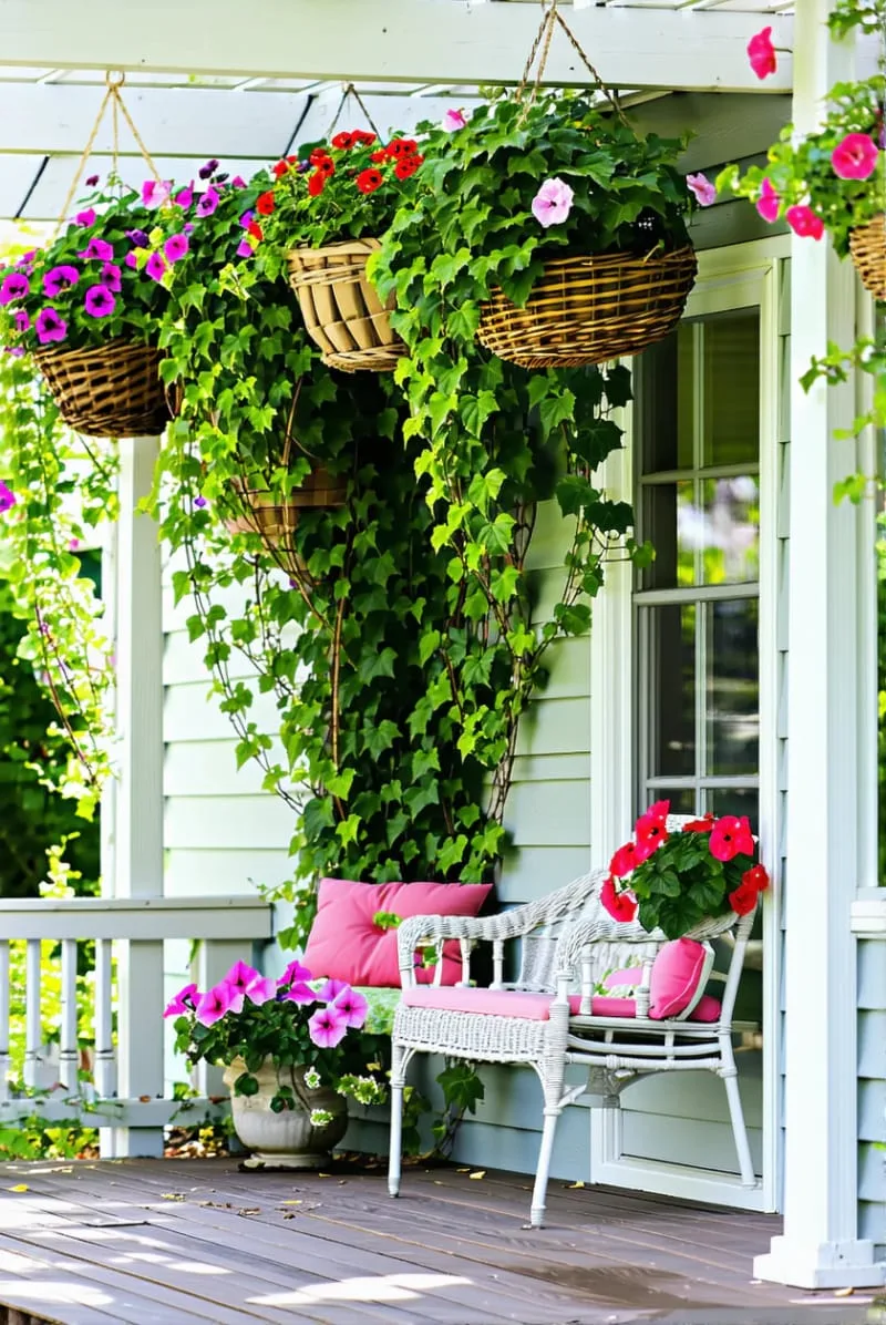 27 Unique Backyard Privacy Designs for A Serene Outdoor Oasis 77 hanging baskets overflowing with trailing blooms as a living curtain 1