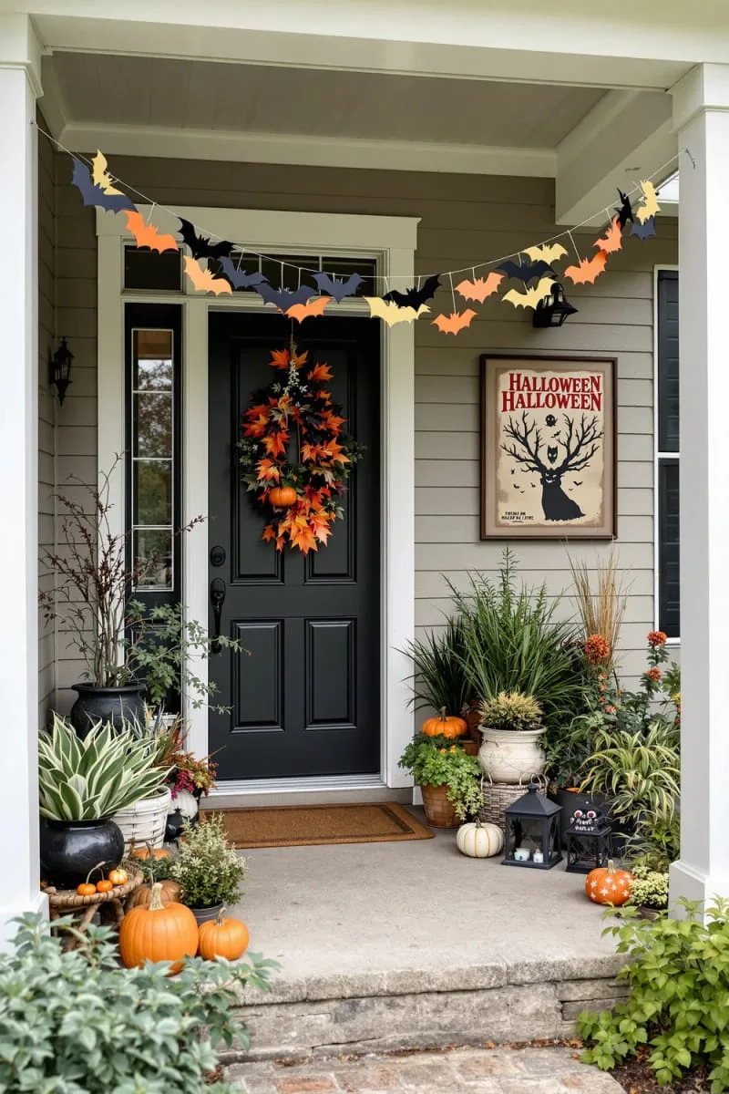21 Halloween Porch Decorations: Ideas For A Unique Festive Entryway 60 hanging bat garland made from felt and string 1
