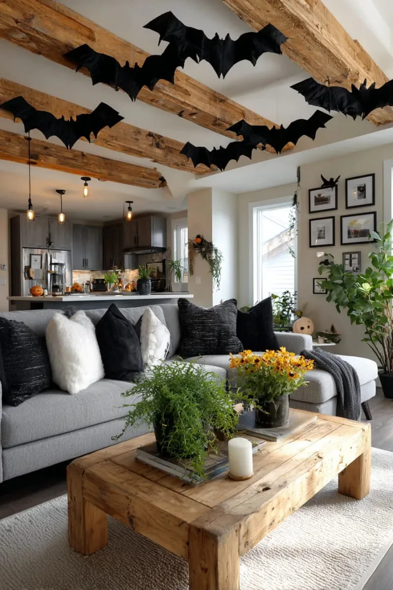 hanging bats made from felt and suspended from the ceiling 1