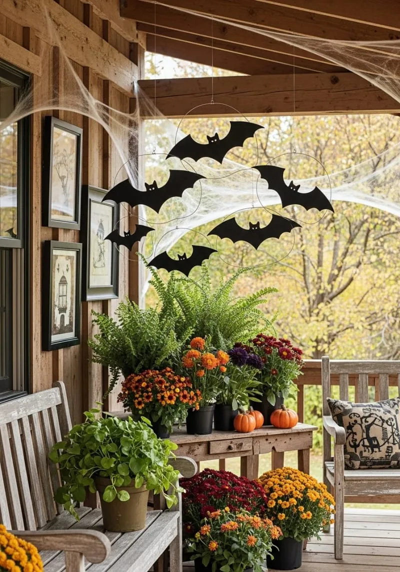 hanging bats made from felt and wire, fluttering in the breeze 1