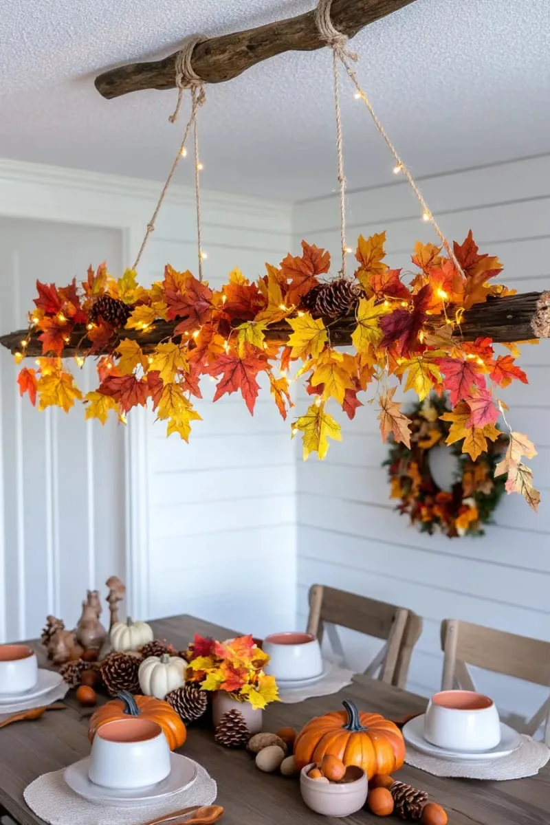 hanging branch chandelier adorned with autumn leaves and string lights 1