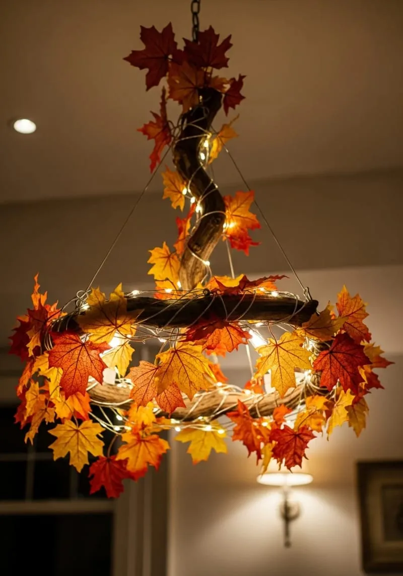 hanging branch chandelier adorned with autumn leaves and string lights 1