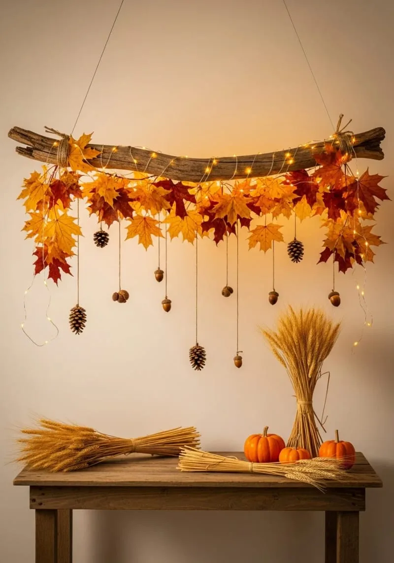 hanging branch chandelier adorned with autumn leaves and string lights 1