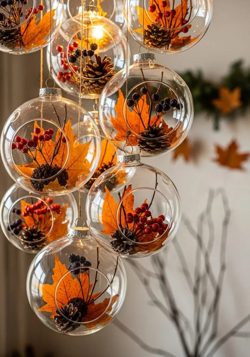 hanging cluster of clear ornaments with dried fall botanicals inside 1 hanging cluster of clear ornaments with dried fall botanicals inside 1