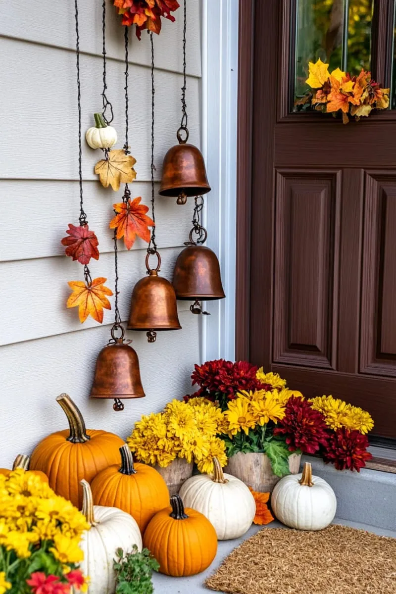 hanging copper bells with dangling pressed leaf charms 1 hanging copper bells with dangling pressed leaf charms 1