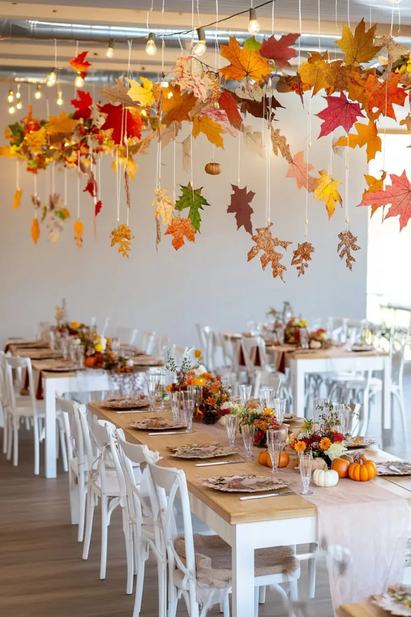 hanging fall leaf mobiles above the party space 1