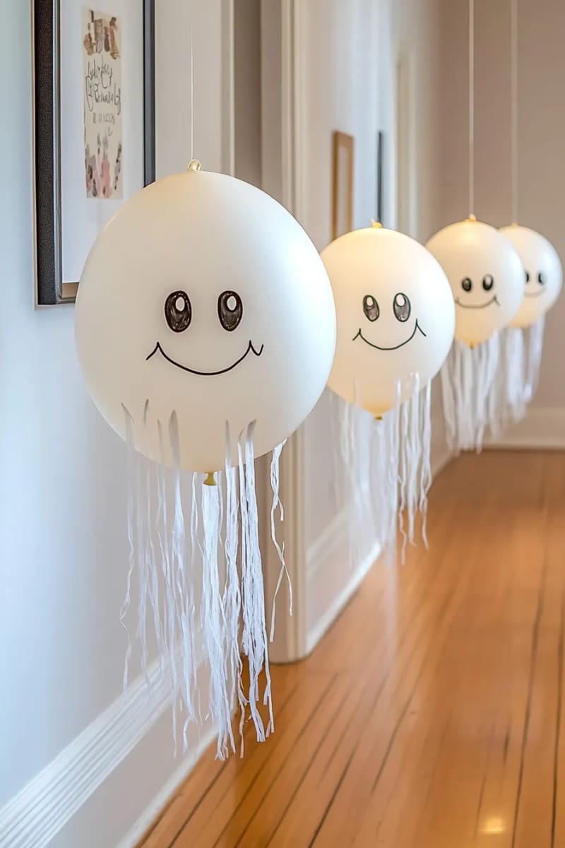 hanging ghost balloons with drawn faces floating in the hallway 1